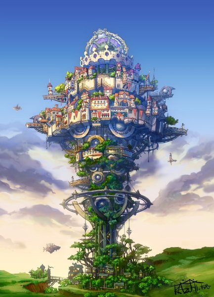 Anime picture 1082x1500 with original kazuhi (pixiv) tall image signed sky cloud (clouds) city landscape fantasy plant (plants) tree (trees)