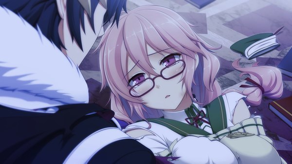 Anime picture 1280x720 with tentacle lord (game) tel-o long hair blush wide image pink hair game cg pink eyes girl glasses