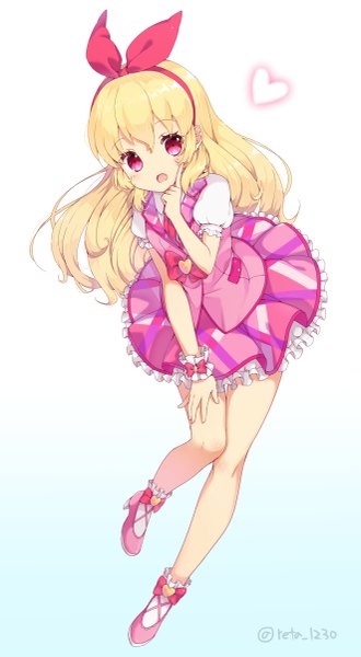 Anime picture 661x1200 with aikatsu! hoshimiya ichigo reta (honoka1230zero) single tall image looking at viewer fringe open mouth simple background blonde hair hair between eyes signed full body pink eyes leaning leaning forward puffy sleeves legs gradient background finger to mouth