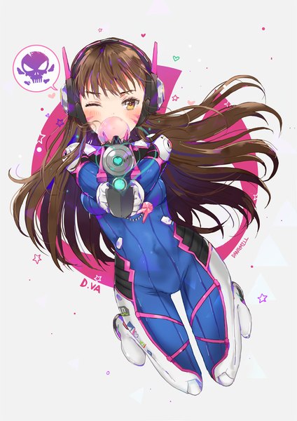 Anime picture 800x1132 with overwatch blizzard entertainment d.va (overwatch) dangmill single long hair tall image blush fringe simple background brown hair brown eyes one eye closed grey background character names facial mark jumping whisker markings girl weapon