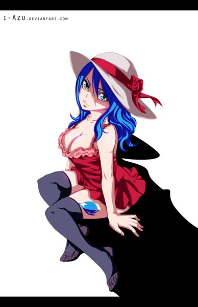 Anime picture 763x1180 with fairy tail juvia lockser i-azu single long hair tall image blue eyes light erotic simple background white background sitting blue hair from above shadow tattoo coloring letterboxed girl thighhighs dress