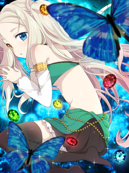 Anime picture 600x800 with morimiya single long hair tall image looking at viewer blush blue eyes blonde hair twintails bare shoulders yellow eyes bent knee (knees) lying long sleeves parted lips pleated skirt no shoes zettai ryouiki heterochromia bare back