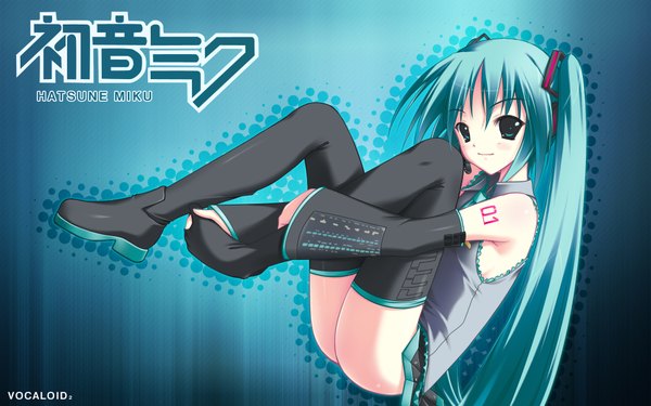 Anime picture 1920x1200 with vocaloid hatsune miku amino kohaku single long hair looking at viewer highres light erotic wide image twintails aqua eyes aqua hair copyright name character names aqua background single shoe girl thighhighs black thighhighs detached sleeves
