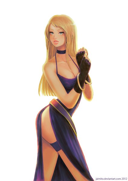 Anime picture 707x1000 with the king of fighters fatal fury mark of the wolves snk bonne jenet jaimito (artist) single long hair tall image breasts blue eyes light erotic simple background blonde hair large breasts white background cleavage purple hair parted lips watermark