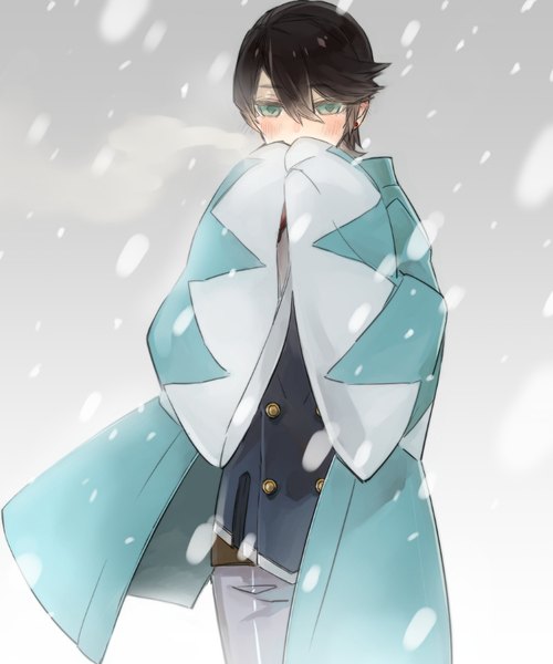 Anime picture 748x897 with touken ranbu nitroplus horikawa kunihiro tobacco (tabakokobata) single tall image blush fringe short hair black hair hair between eyes green eyes grey background wide sleeves snowing winter exhalation covered mouth hands in pockets cold