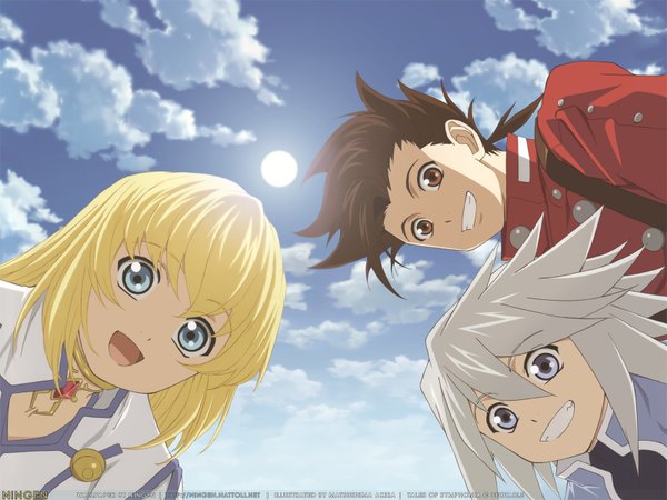 Anime picture 1600x1200 with tales of (series) tales of symphonia collet brunel lloyd irving genius sage looking at viewer fringe short hair open mouth blue eyes blonde hair hair between eyes brown hair brown eyes payot sky cloud (clouds) upper body outdoors official art