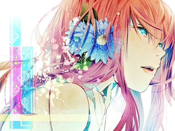Anime picture 1600x1200 with vocaloid megurine luka keishi single long hair open mouth blue eyes pink hair nail polish hair flower girl hair ornament