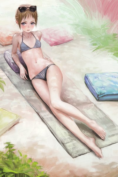Anime picture 1288x1920 with original arata yokoyama single tall image fringe short hair breasts light erotic brown hair looking away bent knee (knees) outdoors parted lips barefoot arm support shadow grey eyes legs flat chest reclining