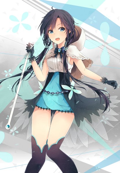 Anime picture 860x1240 with utau xia yu yao jenson tw single long hair tall image looking at viewer blush fringe open mouth blue eyes black hair girl thighhighs dress gloves black thighhighs black gloves hood microphone