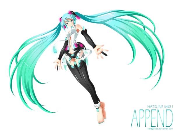 Anime picture 1280x960 with vocaloid vocaloid append hatsune miku hatsune miku (append) nekotroop single long hair blush breasts light erotic simple background white background twintails very long hair barefoot aqua eyes aqua hair girl navel detached sleeves