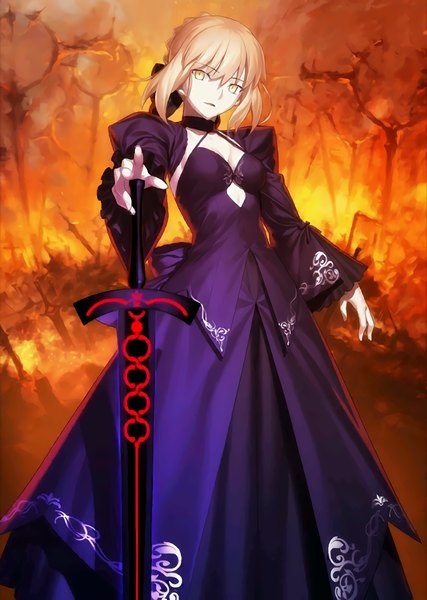 Anime picture 819x1152 with fate (series) fate/stay night type-moon artoria pendragon (all) saber alter takeuchi takashi single long hair tall image looking at viewer fringe blonde hair standing yellow eyes cleavage braid (braids) long sleeves arm up wide sleeves hair bun (hair buns)