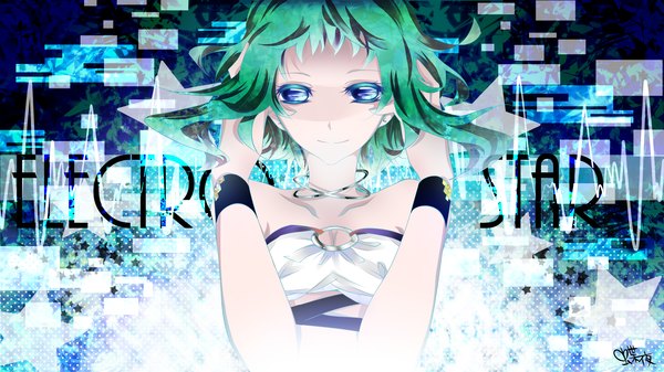 Anime picture 2000x1124 with vocaloid gumi tyouya single highres short hair blue eyes wide image green hair inscription girl