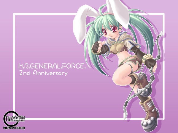 Anime picture 1600x1200 with ragnarok online ishihara masumi highres twintails animal ears green hair bunny ears wallpaper laughing boots hunter hyper brand memeko
