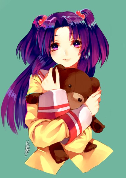 Anime picture 1000x1415 with clannad key (studio) ichinose kotomi reniirean (artist) single long hair tall image looking at viewer simple background purple eyes signed purple hair light smile two side up green background girl uniform hair ornament serafuku toy