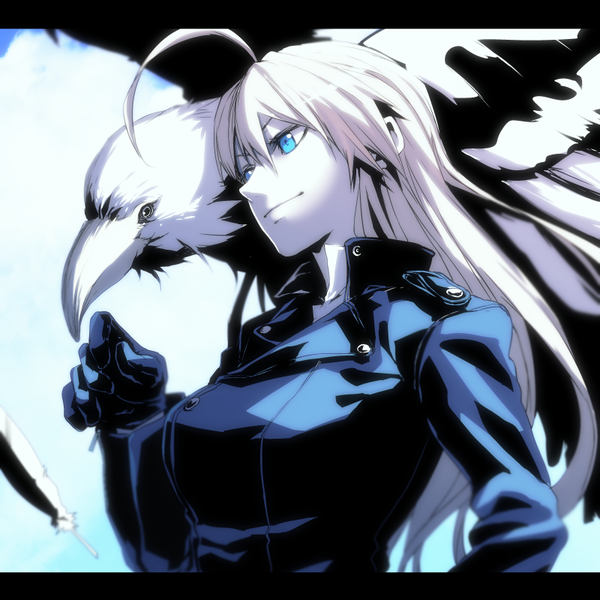 Anime picture 800x800 with strike witches eila ilmatar juutilainen pizaya single long hair fringe blue eyes smile hair between eyes looking away upper body ahoge white hair letterboxed girl gloves animal black gloves bird (birds) feather (feathers)