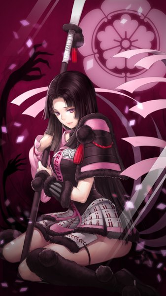 Anime picture 1080x1920 with original kangetsu (fhalei) single long hair tall image looking at viewer black hair purple eyes traditional clothes girl weapon armor confetti polearm