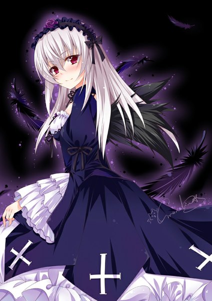 Anime picture 566x800 with rozen maiden suigintou grandia bing single long hair tall image blush smile red eyes white hair black background girl dress bow hair bow wings hairband feather (feathers) cross