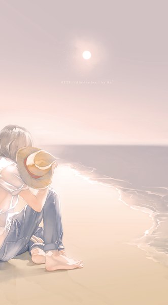 Anime picture 689x1246 with original re (artist) single long hair tall image brown hair sitting barefoot beach ambiguous gender hat shirt white shirt sea sun jeans blue jeans