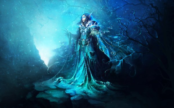 Anime picture 1358x851 with original nagare-boshi (artist) single long hair blue eyes wide image blue hair lips pointy ears realistic glowing light glowing eye (eyes) girl plant (plants) tree (trees) armor chain cloak