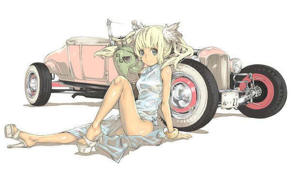 Anime picture 1300x783 with original haku (sabosoda) long hair looking at viewer blue eyes simple background blonde hair smile wide image white background sitting twintails high heels no panties chinese clothes girl dress earrings bracelet ground vehicle