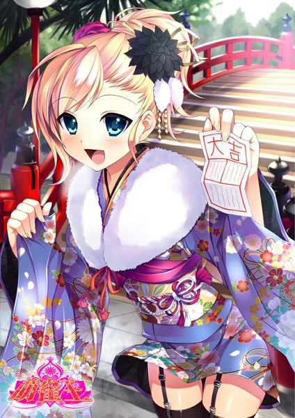 Anime picture 707x1000 with original bucchake (asami) single tall image looking at viewer blush short hair open mouth blue eyes blonde hair traditional clothes japanese clothes girl thighhighs hair ornament black thighhighs kimono kanzashi fur-trimmed kimono omikuji