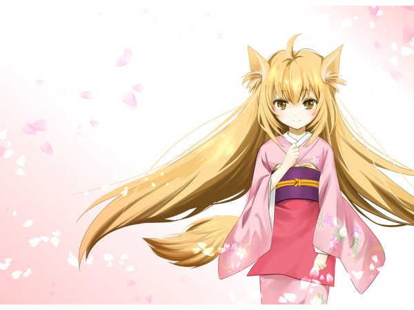 Anime picture 1240x929 with konohana kitan yuzu (konohana kitan) yuki jirou single long hair looking at viewer blush fringe blonde hair hair between eyes standing brown eyes animal ears ahoge tail traditional clothes japanese clothes animal tail light smile wide sleeves