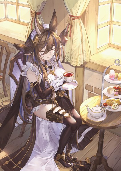 Anime picture 1748x2472 with granblue fantasy galleon (granblue fantasy) huanghyy single tall image highres breasts smile brown hair sitting full body indoors eyes closed very long hair multicolored hair horn (horns) from above pointy ears streaked hair floor
