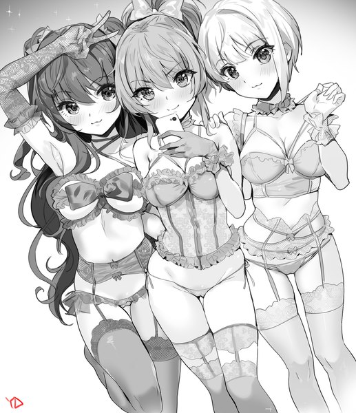 Anime picture 1000x1159 with idolmaster idolmaster cinderella girls ichinose shiki jougasaki mika miyamoto frederica yd (orange maru) long hair tall image looking at viewer blush fringe short hair breasts light erotic hair between eyes multiple girls holding ponytail arm up light smile