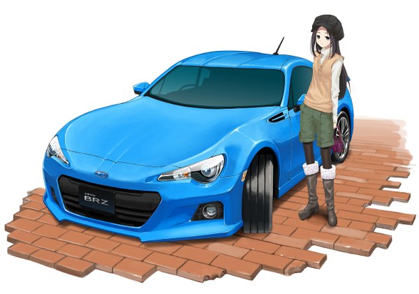 Anime picture 1200x843 with original subaru (brand) couzone long hair blue eyes black hair girl shorts boots bag vest ground vehicle cap car