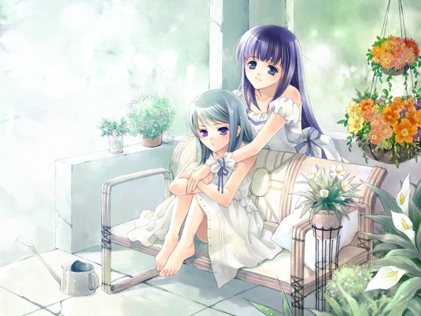 Anime picture 1280x960 with komorebi no namikimichi nakazato mirai masaki kaede yuuki mitsuru long hair looking at viewer blush fringe sitting purple eyes multiple girls blue hair purple hair barefoot wallpaper hug hug from behind girl dress flower (flowers)