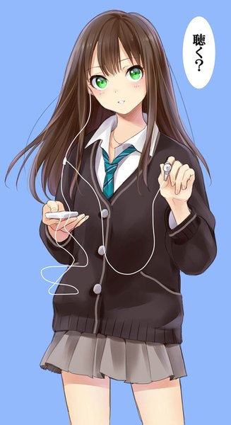 Anime picture 781x1431 with idolmaster idolmaster cinderella girls shibuya rin kisaragi mizu single long hair tall image looking at viewer blush fringe simple background brown hair standing green eyes parted lips pleated skirt wind inscription hieroglyph blue background