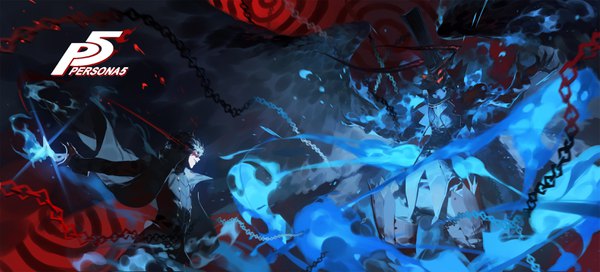 Anime picture 3282x1488 with persona 5 persona amamiya ren arsene (persona 5) yotsuyu highres short hair black hair wide image yellow eyes profile horn (horns) wind open jacket copyright name black wings battle boy wings jacket