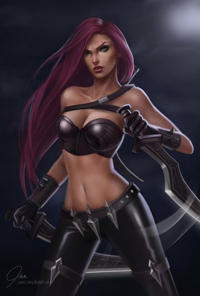 Anime picture 1024x1514 with league of legends katarina (league of legends) janice sung single long hair tall image looking at viewer light erotic holding signed red hair parted lips lips realistic night grey eyes scar dual wielding girl gloves