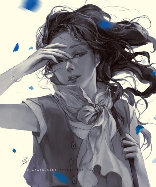 Anime picture 917x1100 with original claparo-sans single long hair tall image fringe black hair simple background signed looking away parted lips wind lips girl petals bracelet vest