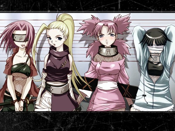 Anime picture 1024x768 with naruto studio pierrot naruto (series) hyuuga hinata haruno sakura yamanaka ino temari (naruto) long hair short hair open mouth light erotic black hair blonde hair standing multiple girls pink hair ponytail group arms behind head bondage