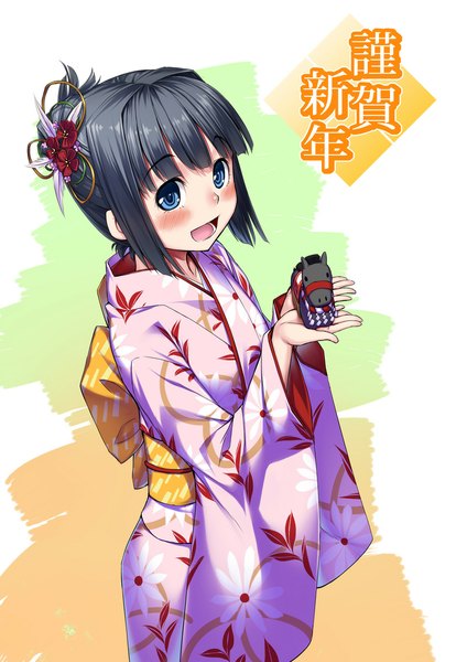 Anime picture 800x1132 with original h kasei single tall image blush short hair open mouth blue eyes black hair traditional clothes japanese clothes new year happy new year nengajou girl hair ornament kimono toy