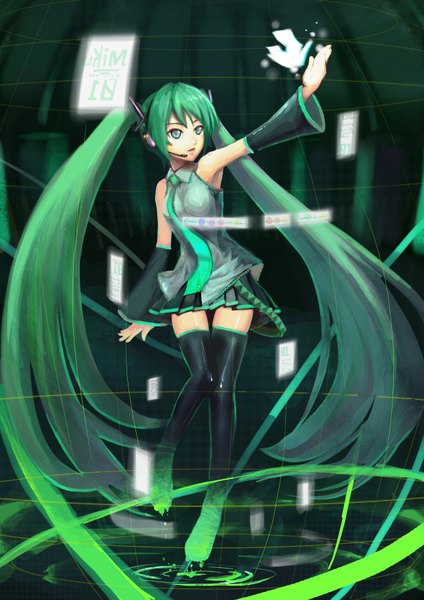 Anime picture 2480x3507 with vocaloid hatsune miku charimei single tall image highres twintails bare shoulders very long hair pleated skirt aqua eyes green hair girl detached sleeves headphones thigh boots