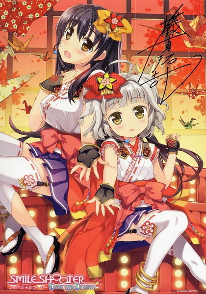 Anime picture 2189x3124 with smile shooter fujima takuya long hair tall image looking at viewer blush highres short hair open mouth black hair sitting multiple girls brown eyes silver hair traditional clothes japanese clothes scan hand on chest girl thighhighs