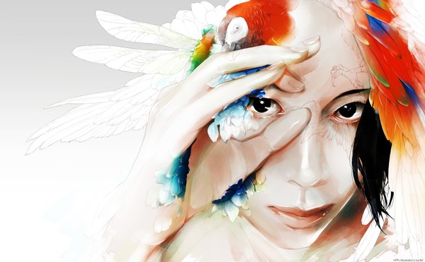 Anime picture 1644x1018 with original re (artist) single looking at viewer short hair black hair simple background wide image black eyes realistic face hand on face boy animal bird (birds) insect feather (feathers) parrot dragonfly
