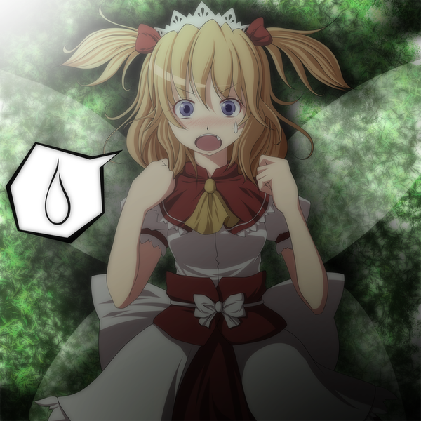Anime picture 1500x1500 with touhou sunny milk s-syogo single blush short hair open mouth blue eyes blonde hair sweat two side up sweatdrop girl speech bubble