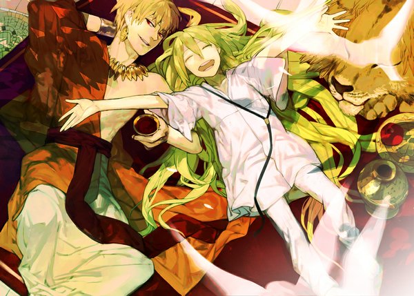 Anime picture 1000x715 with fate (series) fate/strange fake type-moon gilgamesh (fate) enkidu (fate) shishio (pixiv) short hair open mouth blonde hair smile red eyes lying eyes closed very long hair green hair spread arms girl boy earrings animal