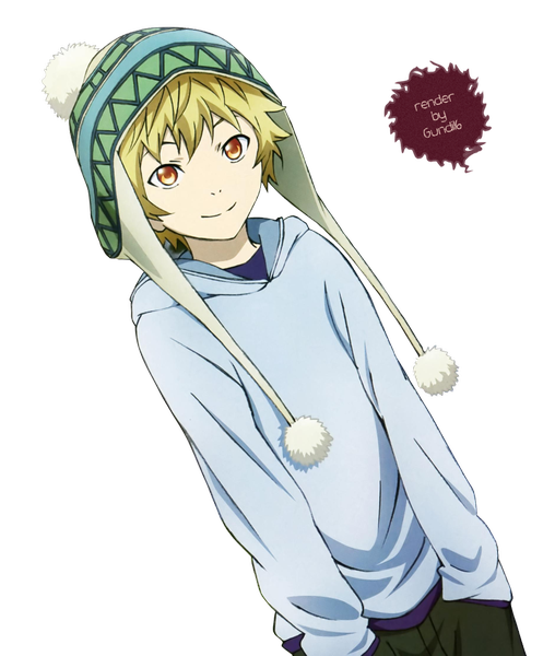 Anime picture 1024x1209 with noragami studio bones yukine (noragami) tagme (artist) single tall image short hair blonde hair smile brown eyes inscription transparent background hands in pockets rendered boy t-shirt cap