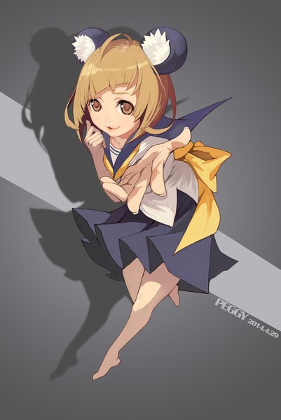 Anime picture 1283x1920 with peggy77 single tall image short hair open mouth simple background blonde hair brown eyes signed animal ears ahoge pleated skirt barefoot shadow outstretched arm :3 girl skirt uniform school uniform
