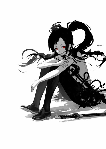 Anime picture 1000x1413 with original fkey single long hair tall image black hair red eyes white background sitting twintails signed shadow monochrome girl skirt uniform weapon pantyhose sword serafuku