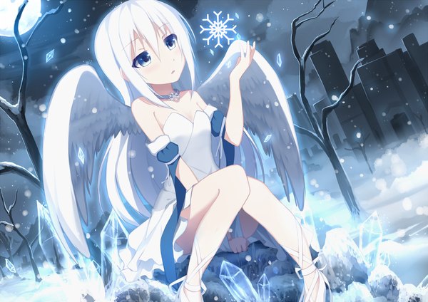 Anime picture 1131x800 with original riki-to single long hair blue eyes sitting bare shoulders cloud (clouds) white hair parted lips night dutch angle night sky snowing snow angel wings white wings bare tree girl dress
