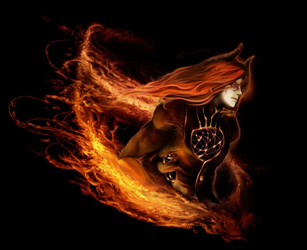 Anime picture 1470x1200 with sound horizon shaytan yon (letter) single long hair red eyes horn (horns) orange hair tattoo black background demon boy fire