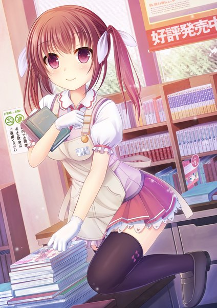 Anime picture 1447x2047 with original umitonakai single long hair tall image looking at viewer brown hair purple eyes twintails girl thighhighs skirt gloves black thighhighs miniskirt white gloves book (books) apron