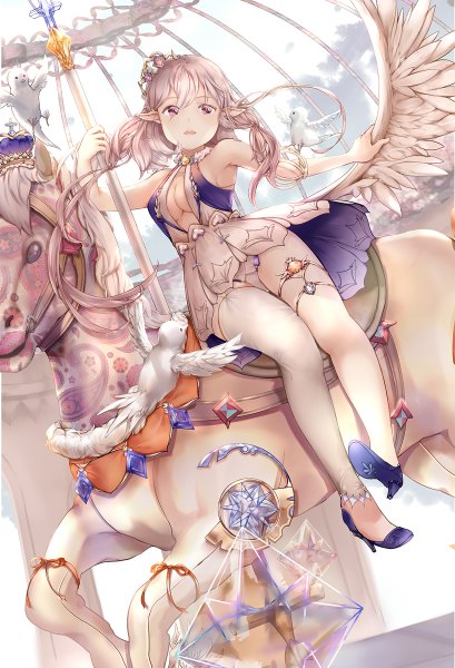 Anime picture 818x1200 with original ddaomphyo long hair tall image blush fringe breasts open mouth light erotic large breasts sitting bare shoulders looking away pink hair cloud (clouds) pointy ears high heels white wings girl thighhighs