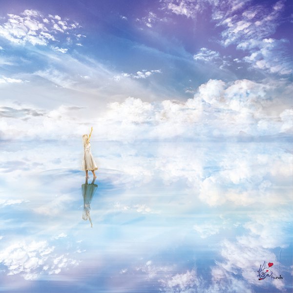 Anime picture 800x800 with original geshi single blonde hair standing sky cloud (clouds) outdoors barefoot arm up sunlight sparkle reflection horizon landscape scenic girl dress sundress