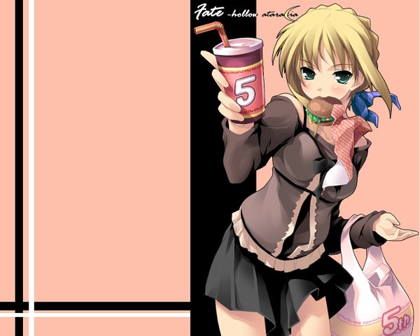 Anime picture 1280x1024 with fate (series) fate/stay night fate/hollow ataraxia studio deen type-moon artoria pendragon (all) saber kantoku single looking at viewer short hair blonde hair standing holding green eyes long sleeves mouth hold official alternate costume third-party edit girl